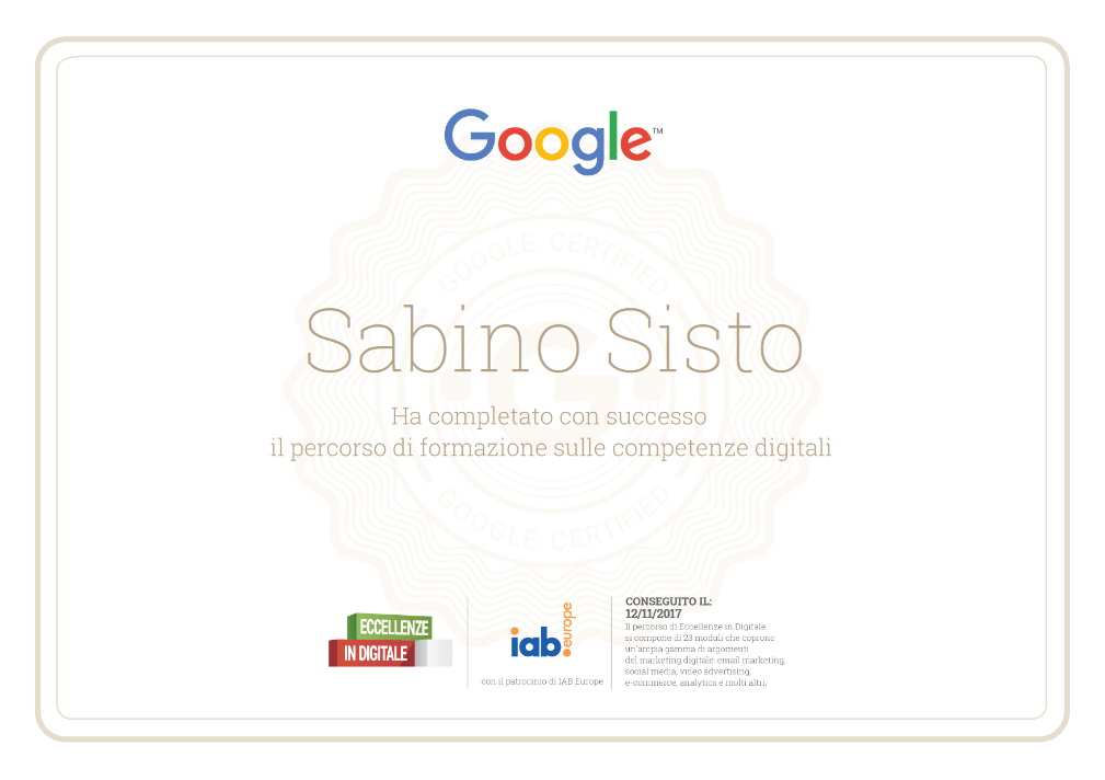 Certificato Eccellenze in Digitale
